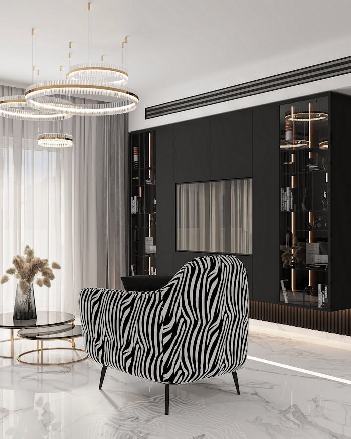 Home Elegant modern living room featuring a zebra print armchair and stylish lighting in Israel.
