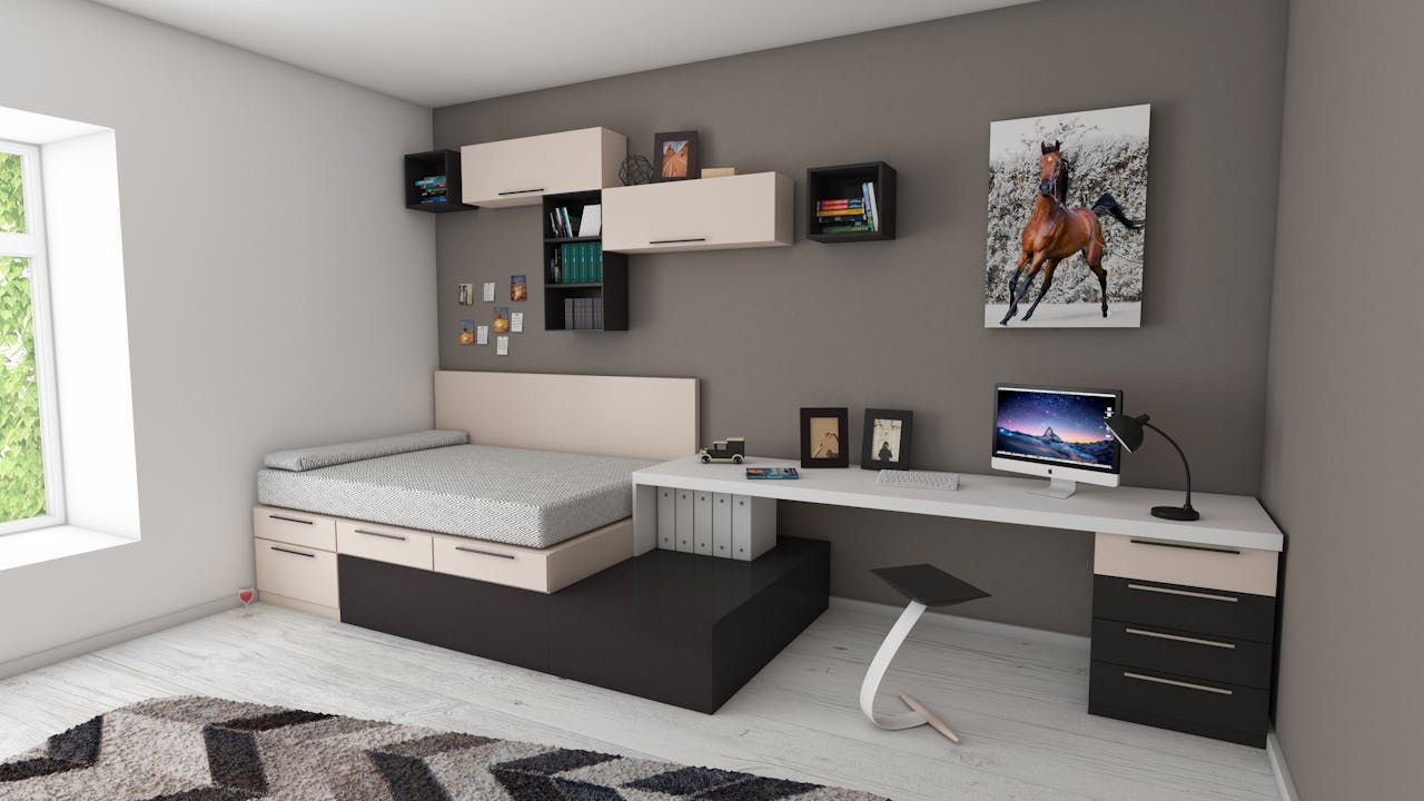 Home Stylish minimalist bedroom with modern furnishings and workspace area, perfect for home offices.